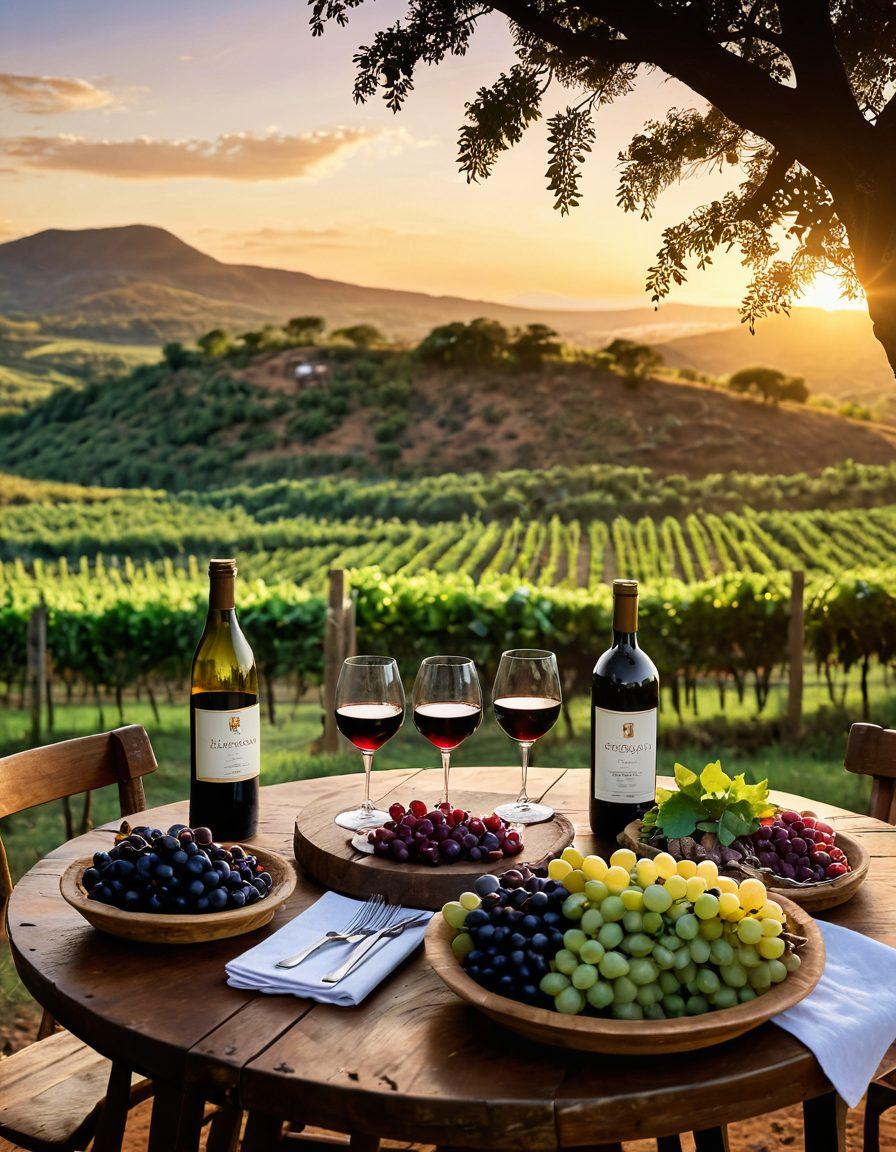 A warm, inviting scene of a rustic Paraguayan vineyard at sunset, showcasing clusters of ripe grapes and a wooden wine barrel. In the foreground, a carefully arranged table displays a bottle of local wine alongside traditional Paraguayan dishes, surrounded by lush green hills. Soft golden light bathes the entire image, creating a tranquil atmosphere that conveys the joy of savoring local flavors. vibrant colors. super-realistic.