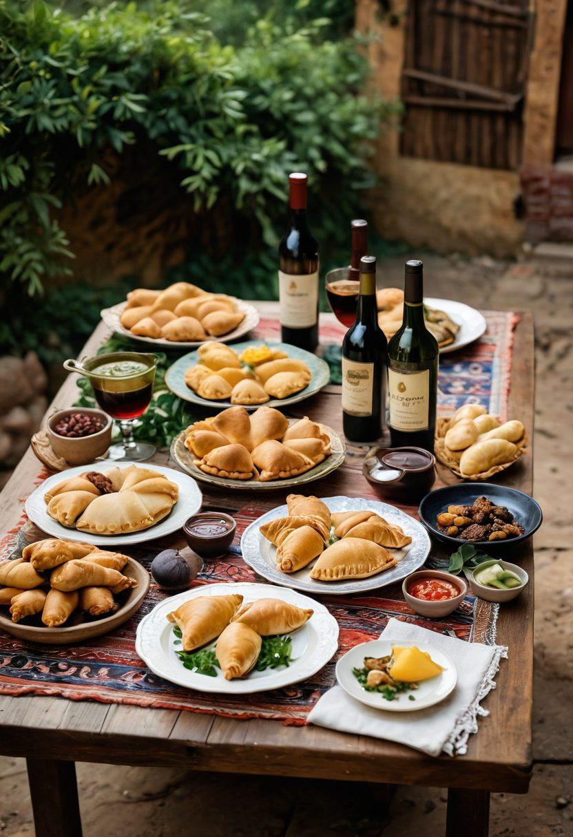 A beautifully arranged table featuring Paraguayan wines alongside traditional local delicacies like empanadas and asado. The scene is set in a rustic, vibrant setting with lush greenery in the background and colorful textiles decorating the table. Soft golden light creates a warm and inviting atmosphere, evoking a sense of tradition and culture. super-realistic. vibrant colors. rustic style.