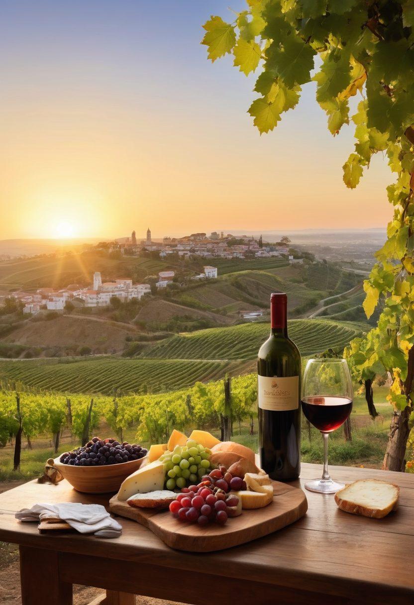 A picturesque vineyard stretching across rolling hills under a golden sunset, with lush grapevines heavy with ripe grapes. In the foreground, a rustic wooden table is set with elegantly poured glasses of red and white wine, accompanied by local cheeses and fresh bread. In the background, an enchanting view of Asunción's skyline, hinting at the city's vibrant culture. Soft, warm lighting creates an inviting atmosphere, with a hint of artistic flair. super-realistic. vibrant colors.